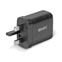 Lindy 65W USB 2 x Type C GaN Charger, Input UK Plug, Output 2 x USB Type C Female, Black